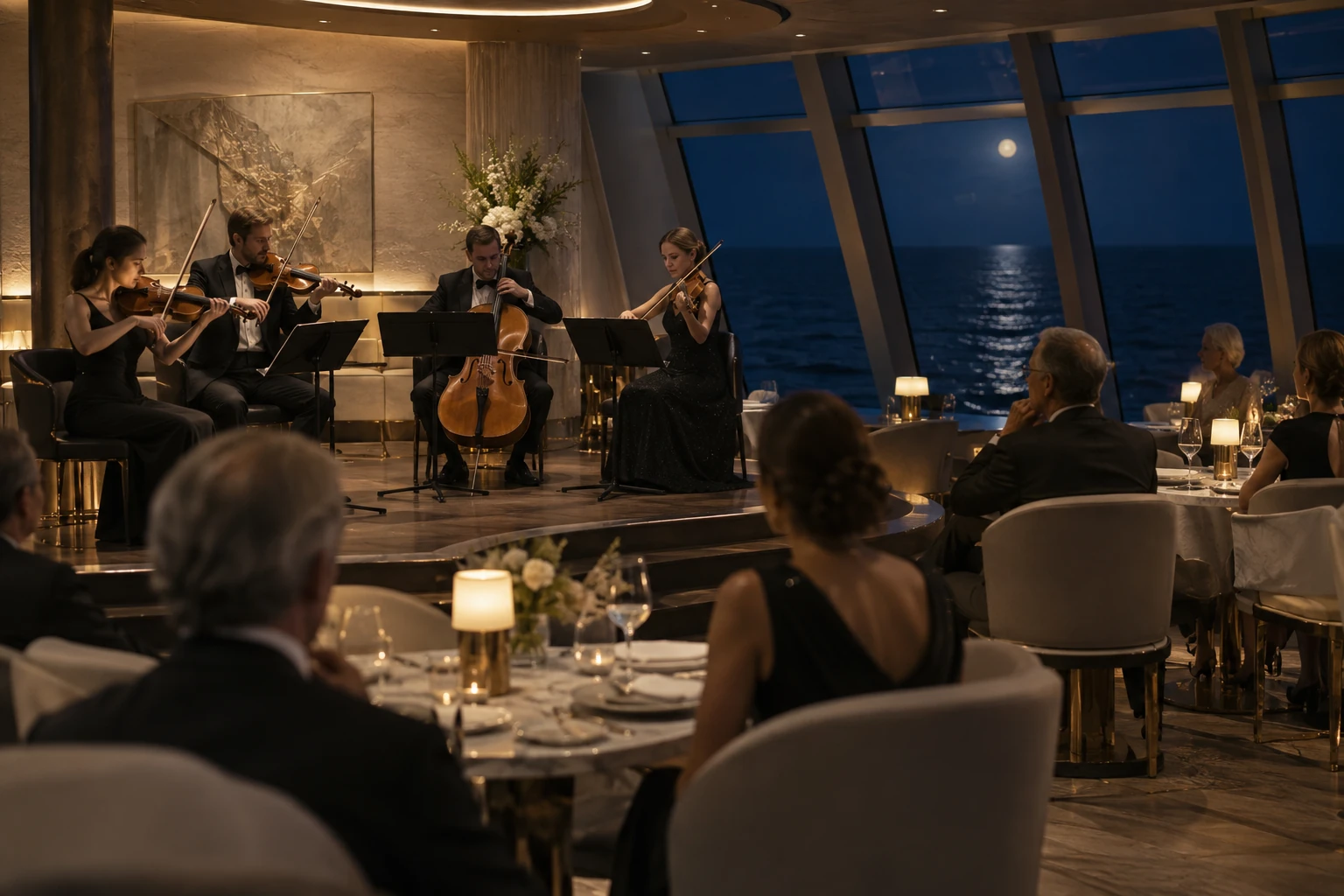 String musicians performing beside a dining lounge aboard ship at night