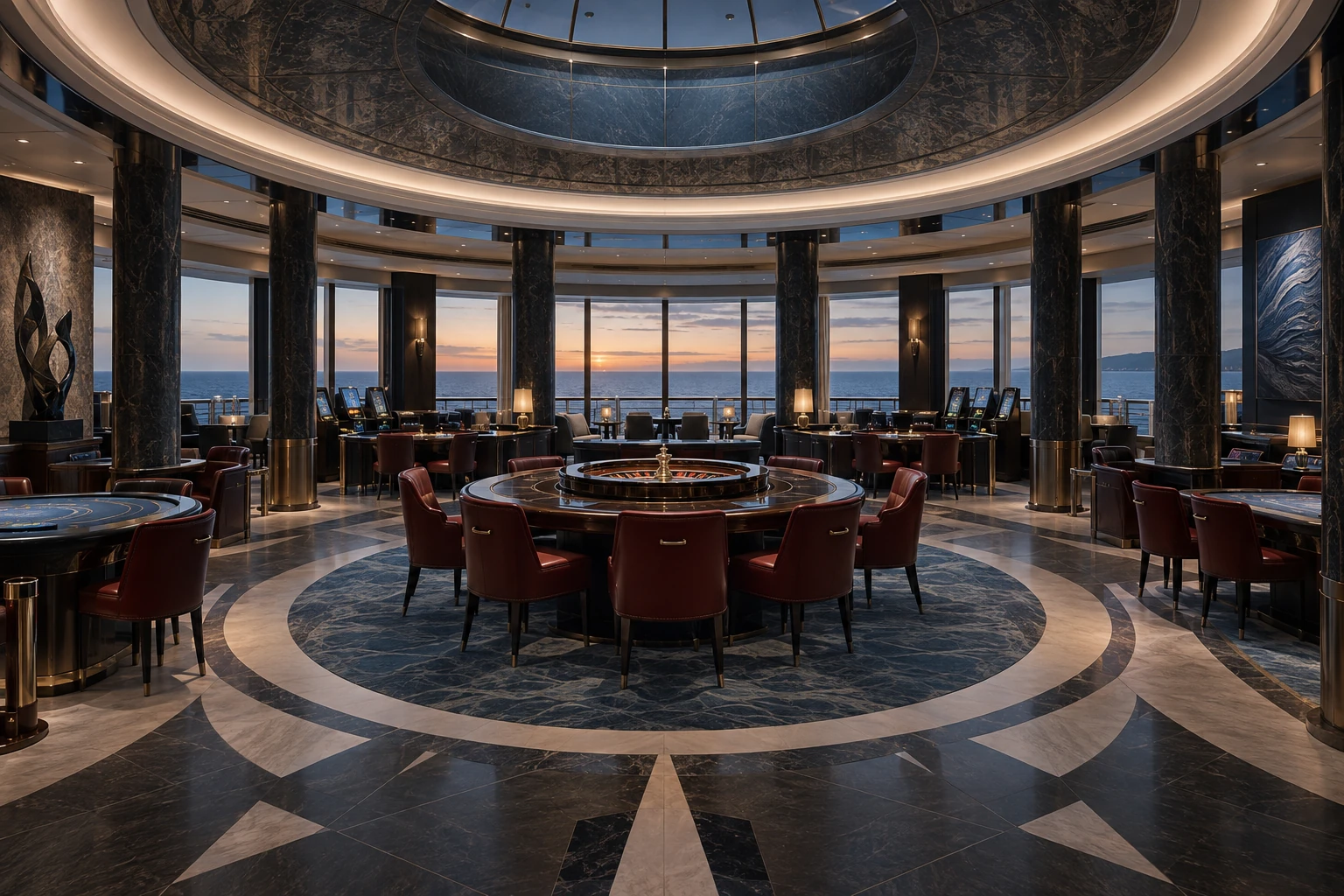 Circular onboard casino with classic tables and discreet terminals in basalt and limestone tones