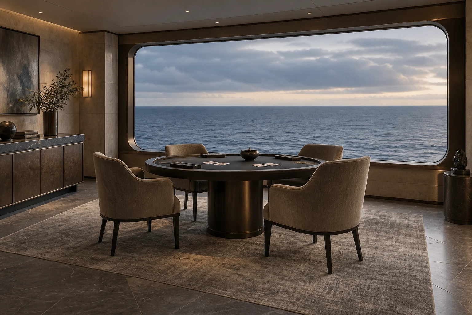 Private onboard card salon with one table before a wide sea window